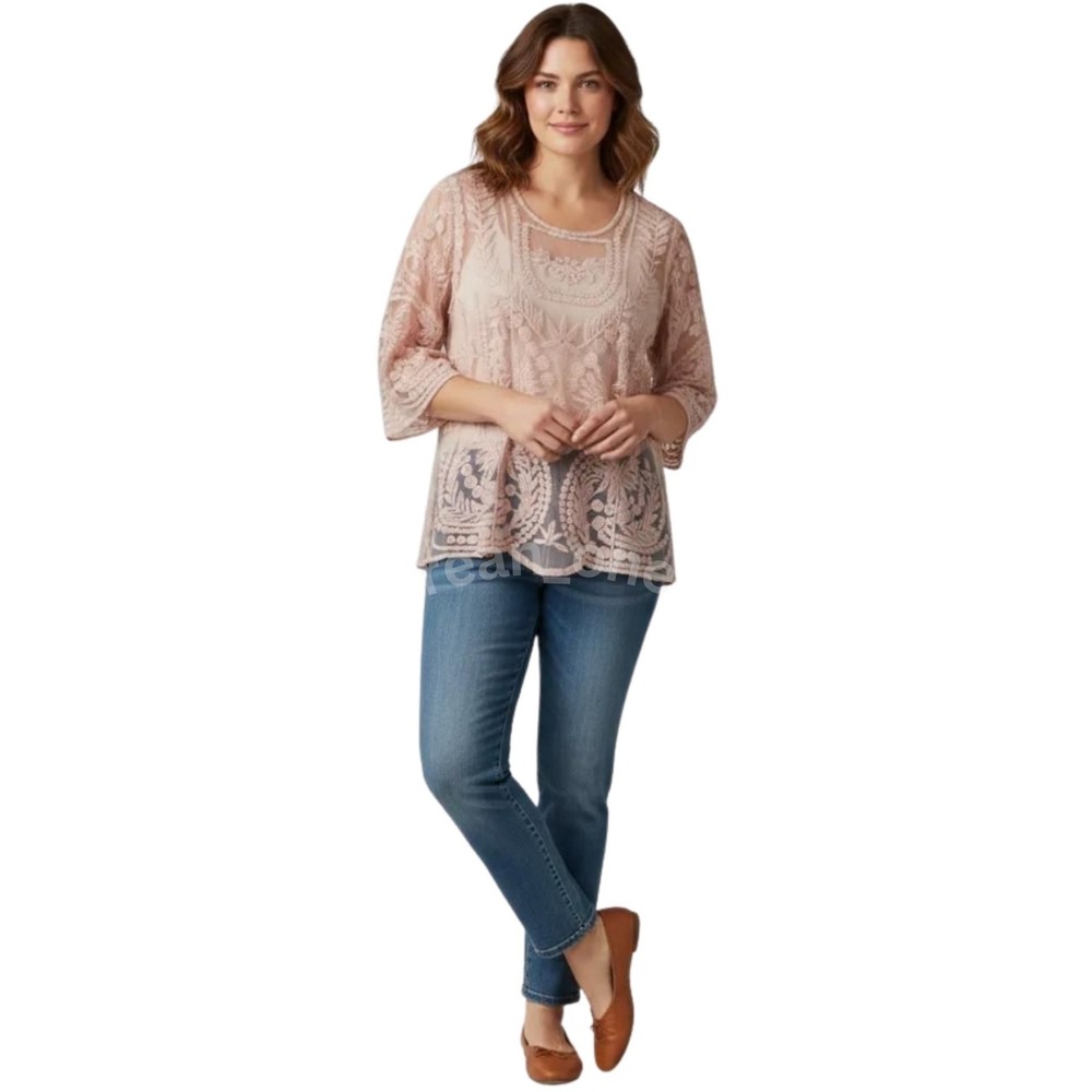 Ultra Pink Light Pink Lace Embroidered Floral 3/4 Sleeve Blouse Women's Size 1X